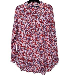 Lauren Ralph Lauren Front Button Long Tunic Blouse Long Sleeve Floral 4th July
